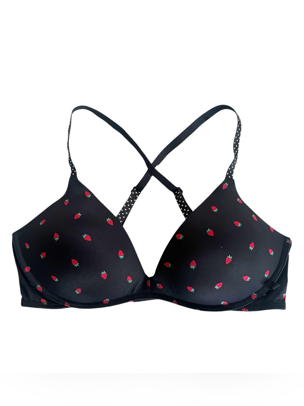 Victoria’s Secret Black Strawberries Polka Dots Padded No Wire Bra Size 34B EUC
